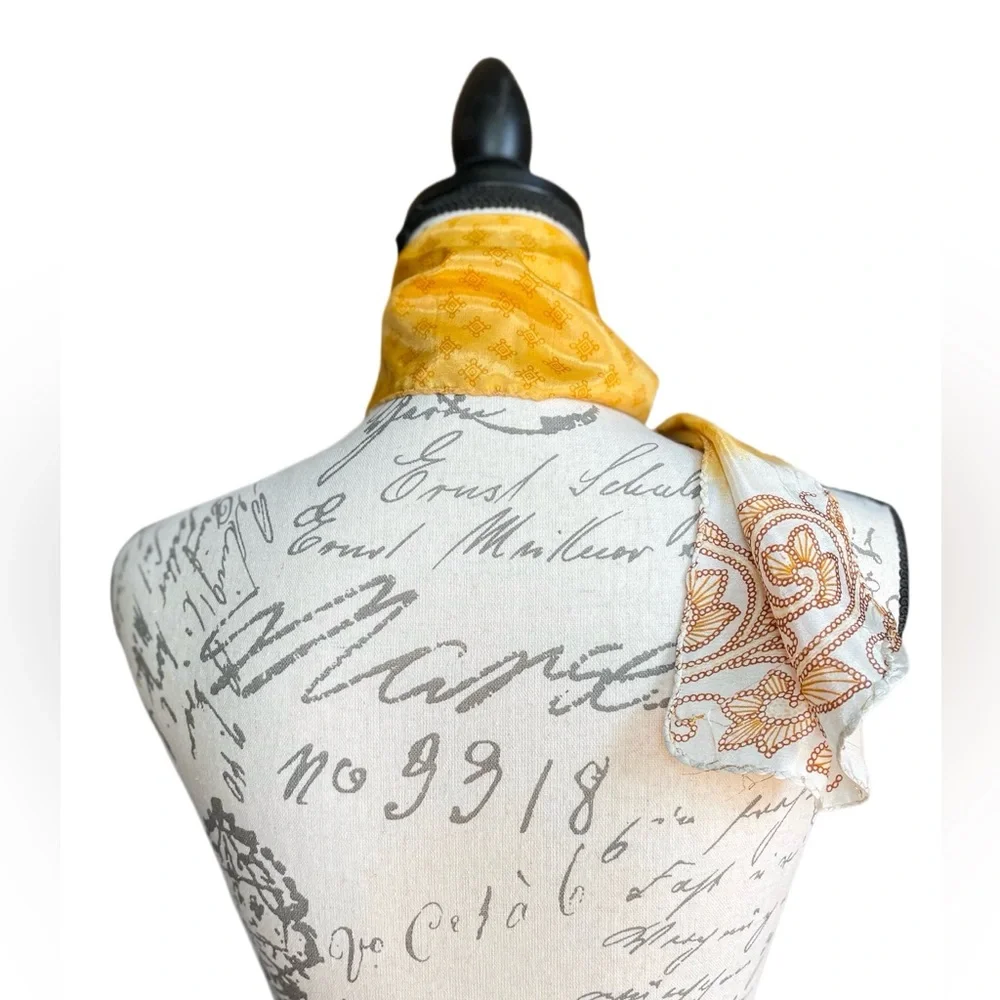 Vintage Yellow Patterned Silk Scarf Organic Scroll